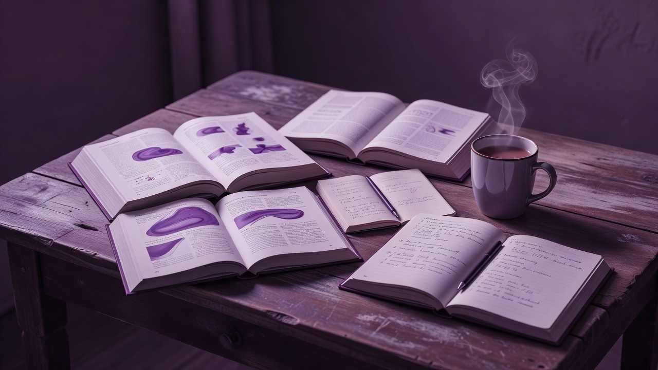 A wooden desk with open psychology books, a notebook and a cup of tea, in plum duotone