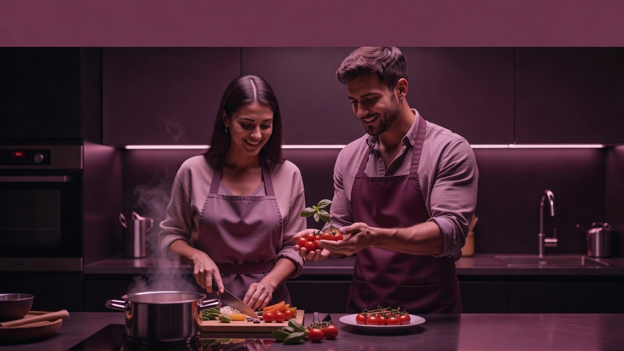 A couple cooking dinner side by side, one passing ingredients to the other, in plum duotone
