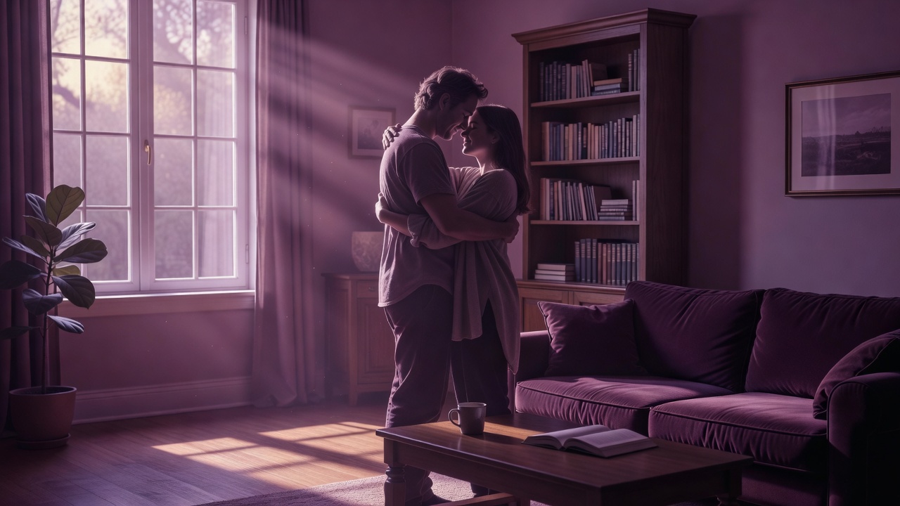 Two partners embracing quietly in a sunlit living room, in plum duotone