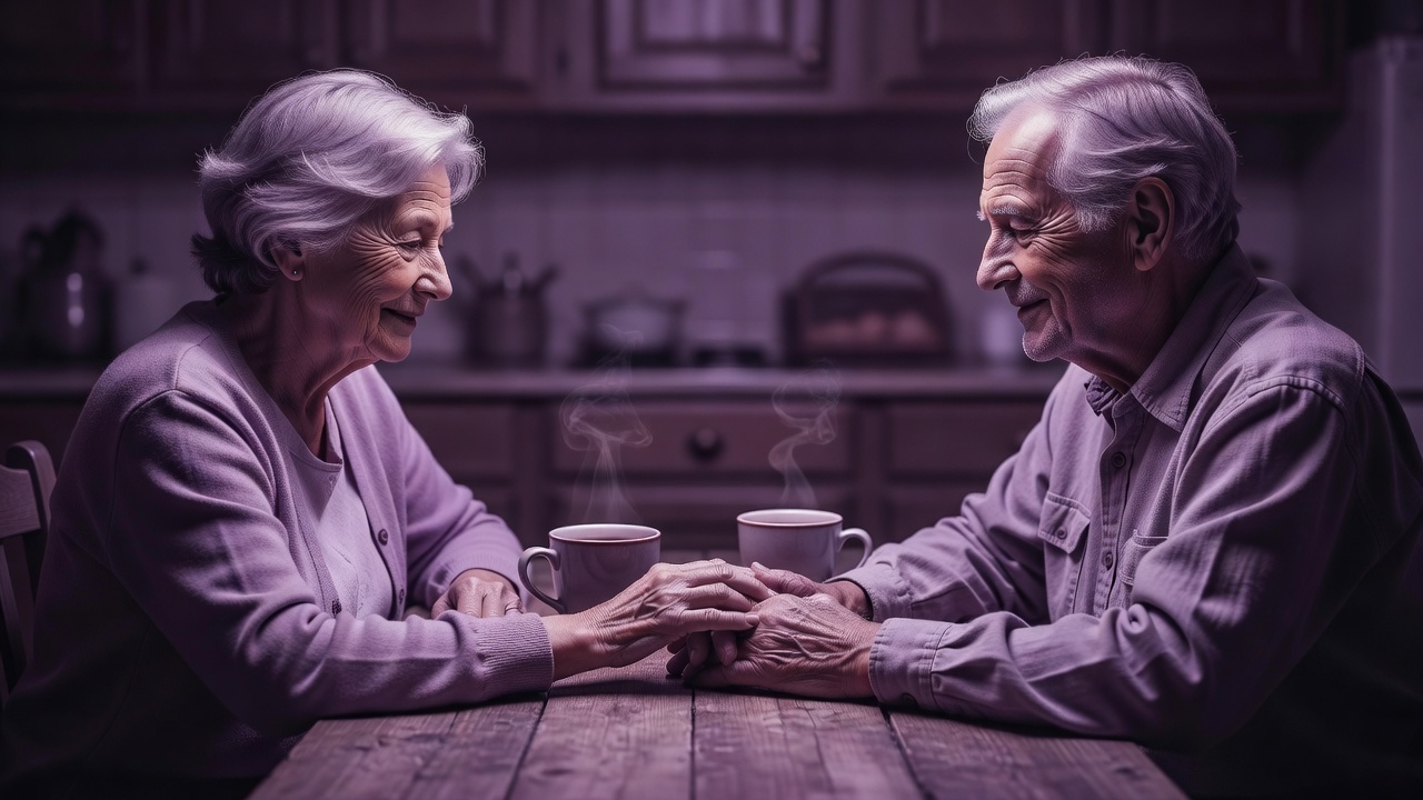An older couple holding hands across a kitchen table with cups of tea, in plum duotone